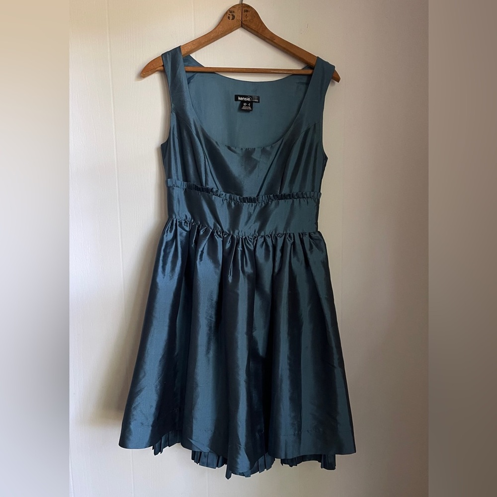 Kensie Y2K Fit Flare Dress Deep Blue 100% Silk Double Skirt S Goth Witchy HOMCO